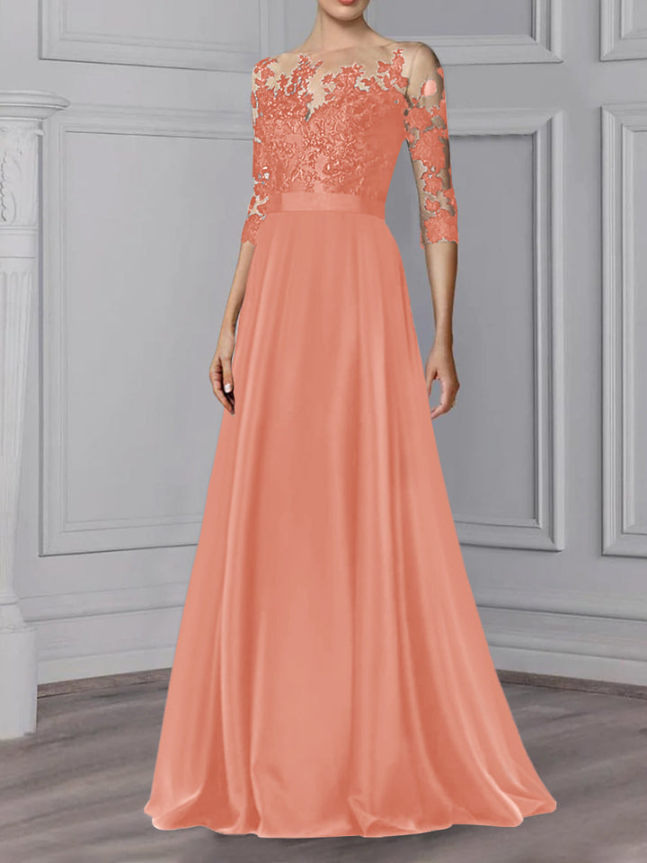 Robe de Mère de la Mariée Coupe A-Line/Princess, Col Bijou, Manches 3/4, Longueur Au Sol