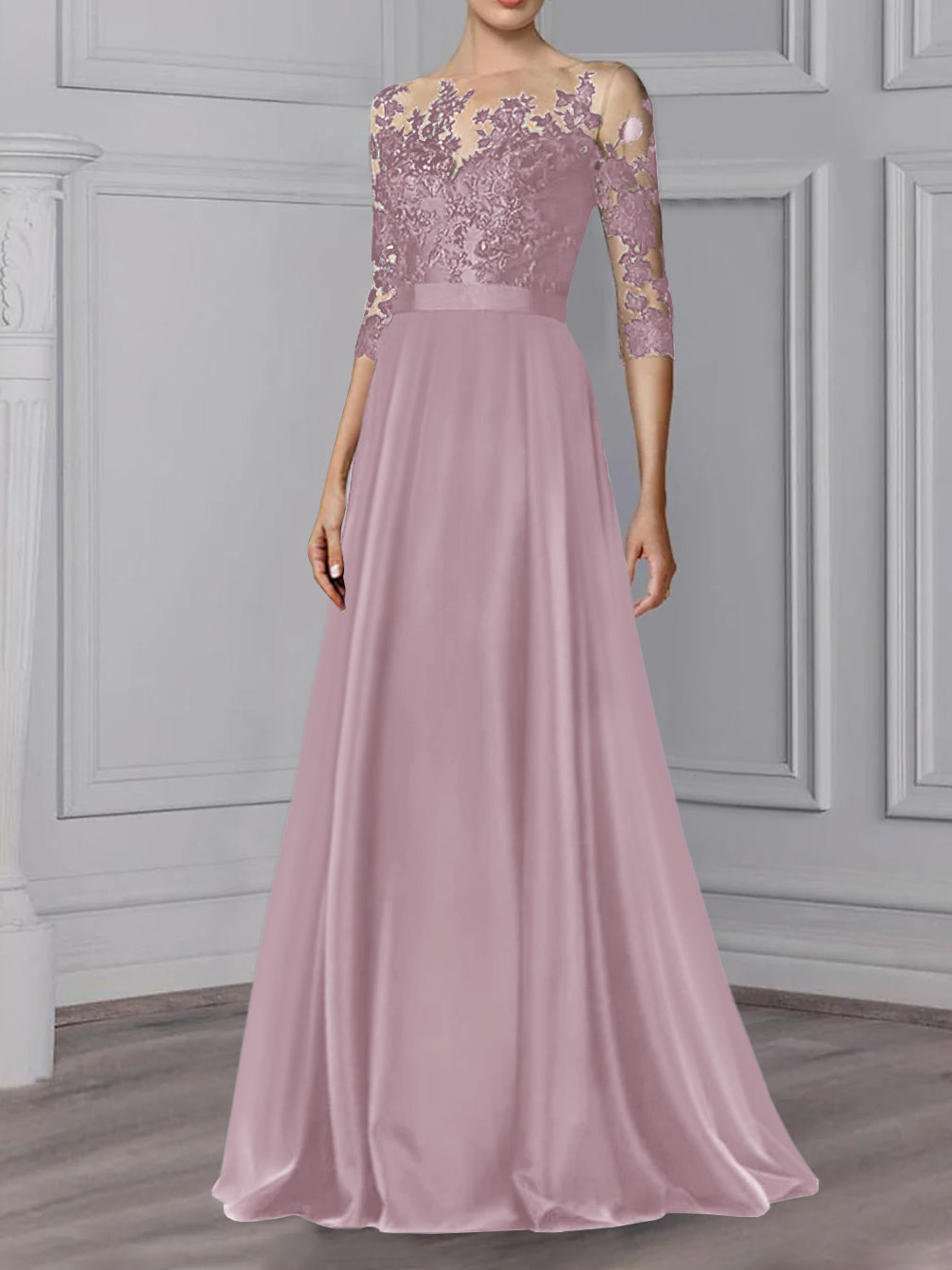 Robe de Mère de la Mariée Coupe A-Line/Princess, Col Bijou, Manches 3/4, Longueur Au Sol