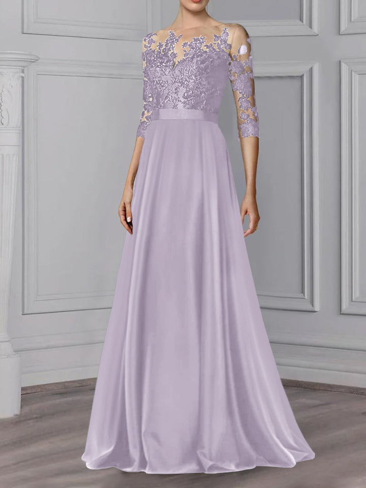 Robe de Mère de la Mariée Coupe A-Line/Princess, Col Bijou, Manches 3/4, Longueur Au Sol