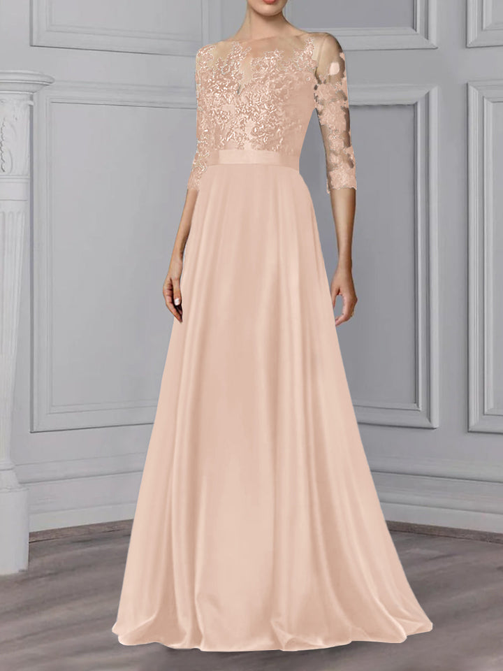 Robe de Mère de la Mariée Coupe A-Line/Princess, Col Bijou, Manches 3/4, Longueur Au Sol