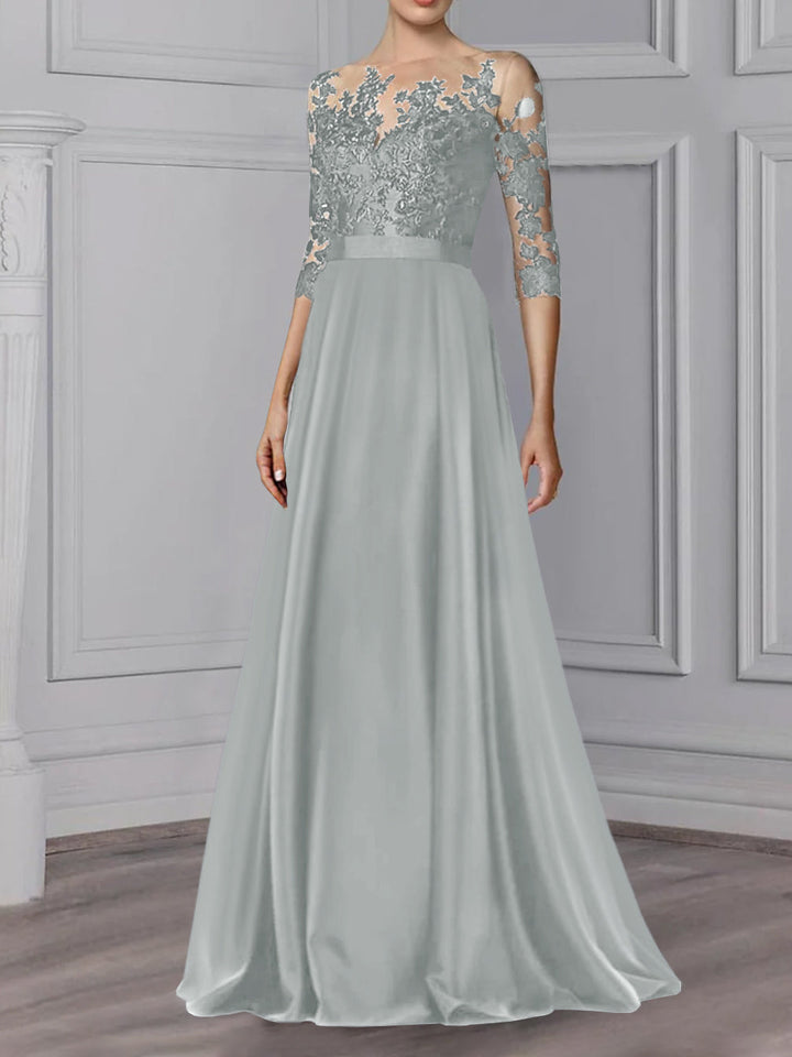Robe de Mère de la Mariée Coupe A-Line/Princess, Col Bijou, Manches 3/4, Longueur Au Sol