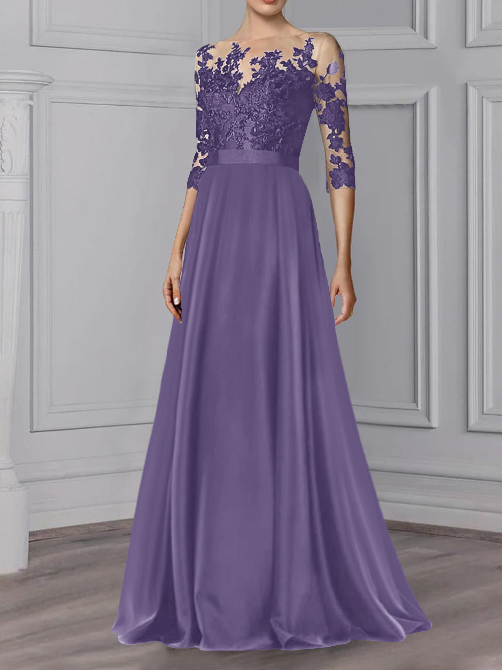 Robe de Mère de la Mariée Coupe A-Line/Princess, Col Bijou, Manches 3/4, Longueur Au Sol
