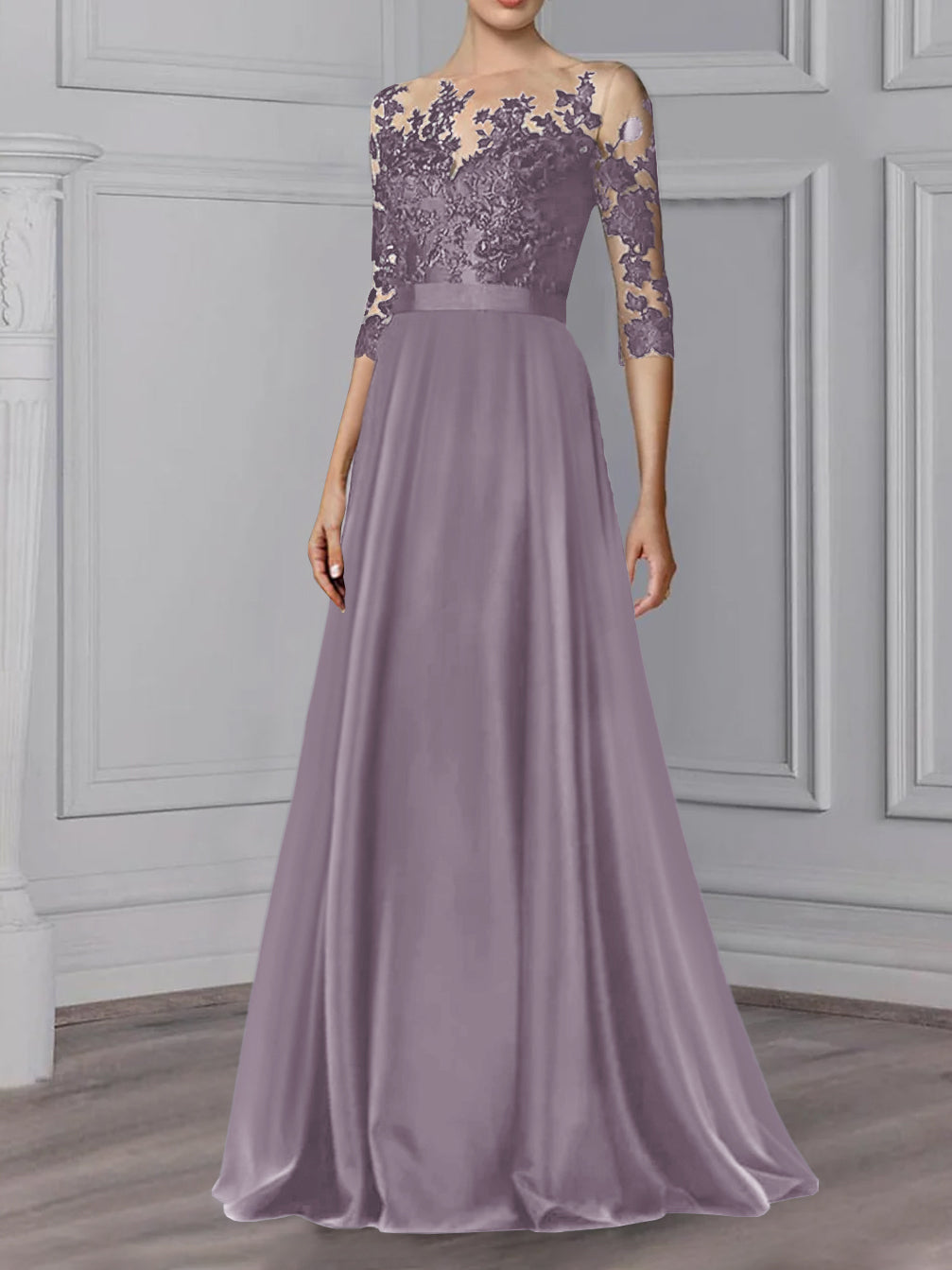 Robe de Mère de la Mariée Coupe A-Line/Princess, Col Bijou, Manches 3/4, Longueur Au Sol