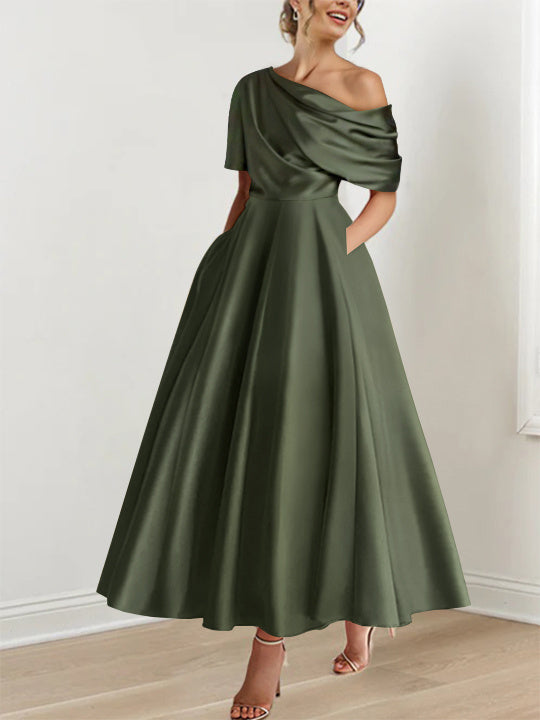 Robe de Mère de la Mariée A-Line/Princess à Une Épaule, Demi-Manches, Longueur Cheville, avec Volants