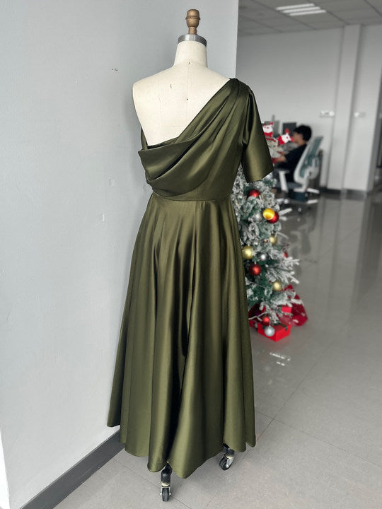 Robe de Mère de la Mariée A-Line/Princess à Une Épaule, Demi-Manches, Longueur Cheville, avec Volants