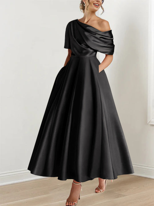 Robe de Mère de la Mariée A-Line/Princess à Une Épaule, Demi-Manches, Longueur Cheville, avec Volants