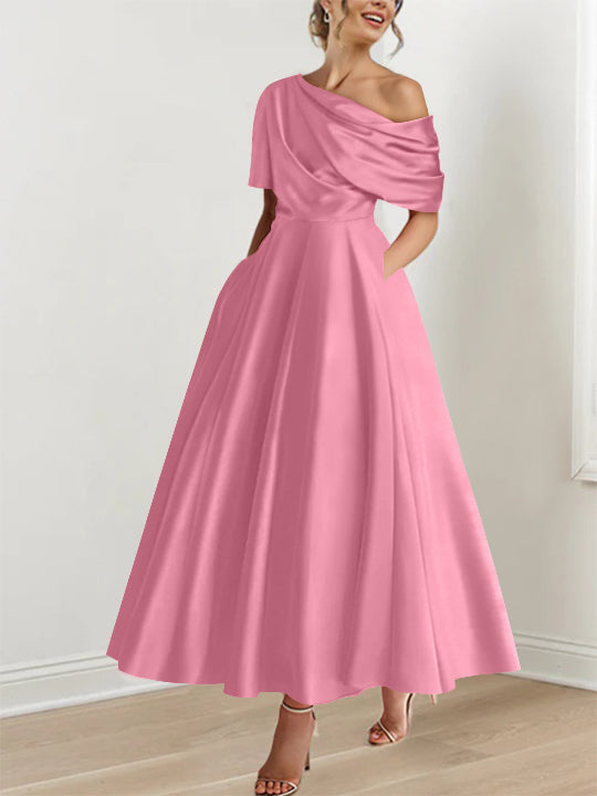 Robe de Mère de la Mariée A-Line/Princess à Une Épaule, Demi-Manches, Longueur Cheville, avec Volants