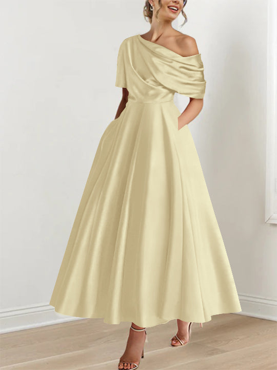 Robe de Mère de la Mariée A-Line/Princess à Une Épaule, Demi-Manches, Longueur Cheville, avec Volants