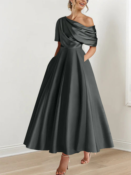 Robe de Mère de la Mariée A-Line/Princess à Une Épaule, Demi-Manches, Longueur Cheville, avec Volants