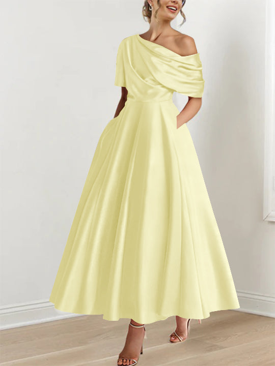 Robe de Mère de la Mariée A-Line/Princess à Une Épaule, Demi-Manches, Longueur Cheville, avec Volants