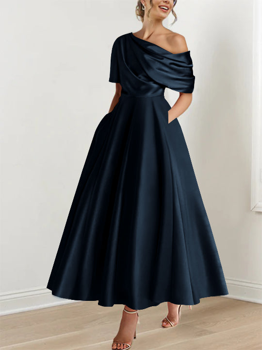 Robe de Mère de la Mariée A-Line/Princess à Une Épaule, Demi-Manches, Longueur Cheville, avec Volants