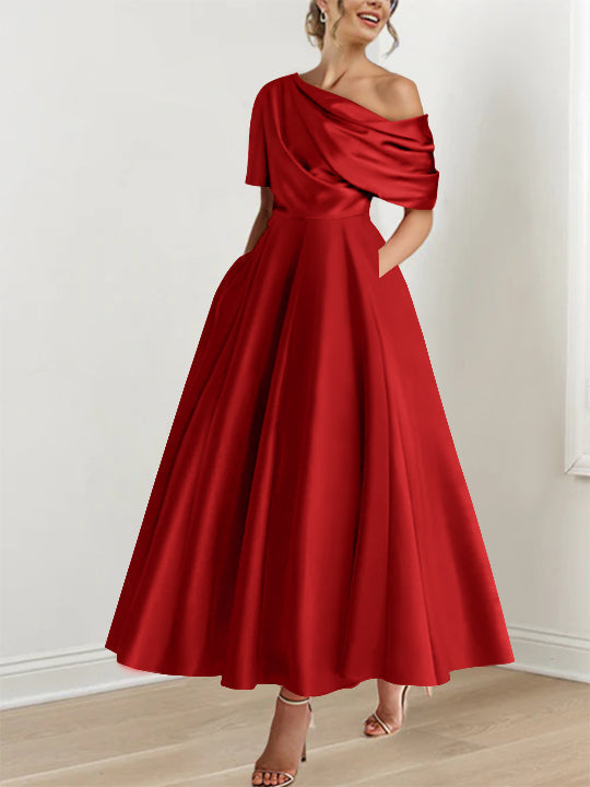 Robe de Mère de la Mariée A-Line/Princess à Une Épaule, Demi-Manches, Longueur Cheville, avec Volants