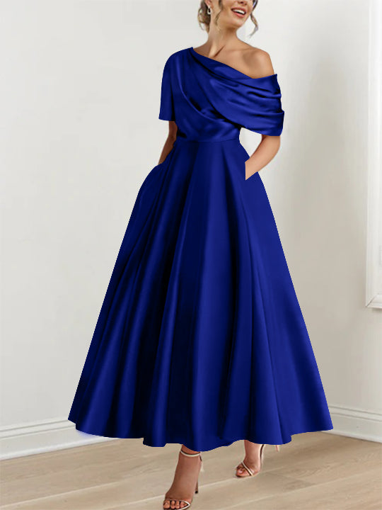 Robe de Mère de la Mariée A-Line/Princess à Une Épaule, Demi-Manches, Longueur Cheville, avec Volants