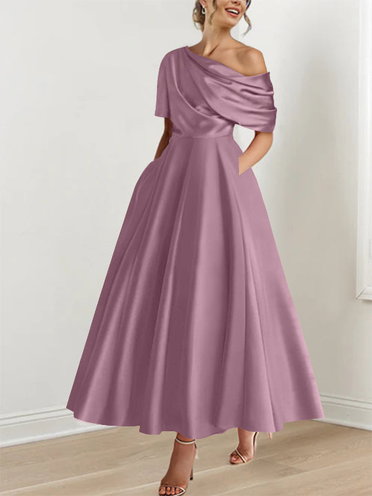 Robe de Mère de la Mariée A-Line/Princess à Une Épaule, Demi-Manches, Longueur Cheville, avec Volants