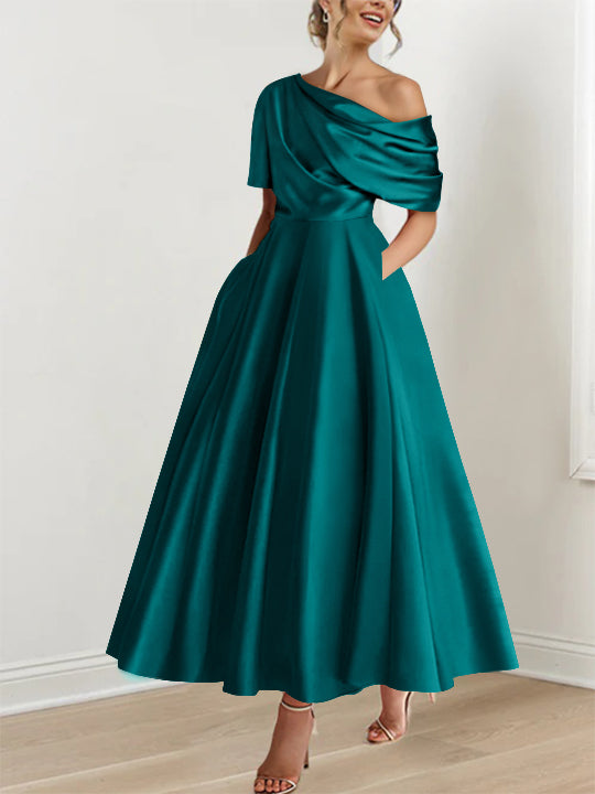Robe de Mère de la Mariée A-Line/Princess à Une Épaule, Demi-Manches, Longueur Cheville, avec Volants
