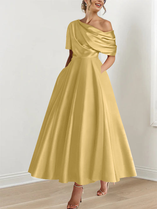 Robe de Mère de la Mariée A-Line/Princess à Une Épaule, Demi-Manches, Longueur Cheville, avec Volants