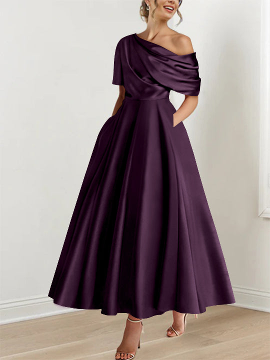 Robe de Mère de la Mariée A-Line/Princess à Une Épaule, Demi-Manches, Longueur Cheville, avec Volants