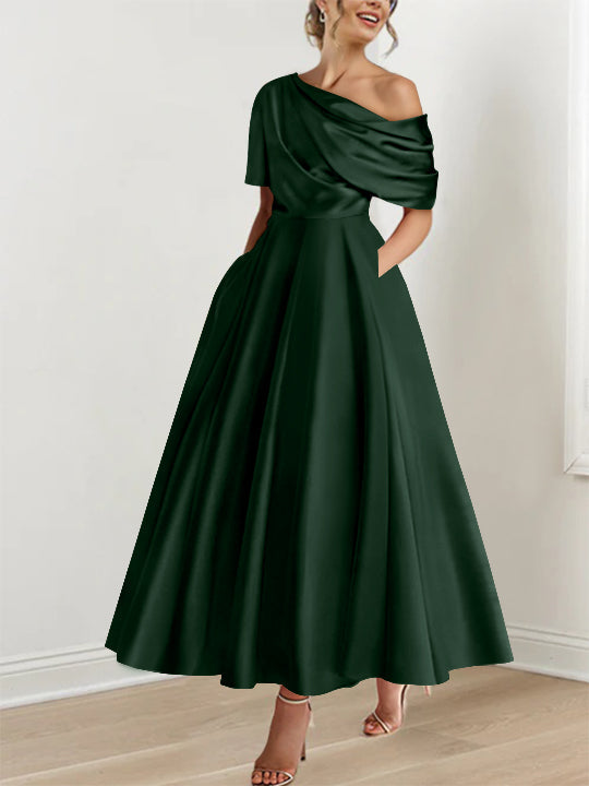 Robe de Mère de la Mariée A-Line/Princess à Une Épaule, Demi-Manches, Longueur Cheville, avec Volants