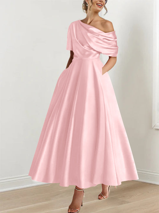Robe de Mère de la Mariée A-Line/Princess à Une Épaule, Demi-Manches, Longueur Cheville, avec Volants