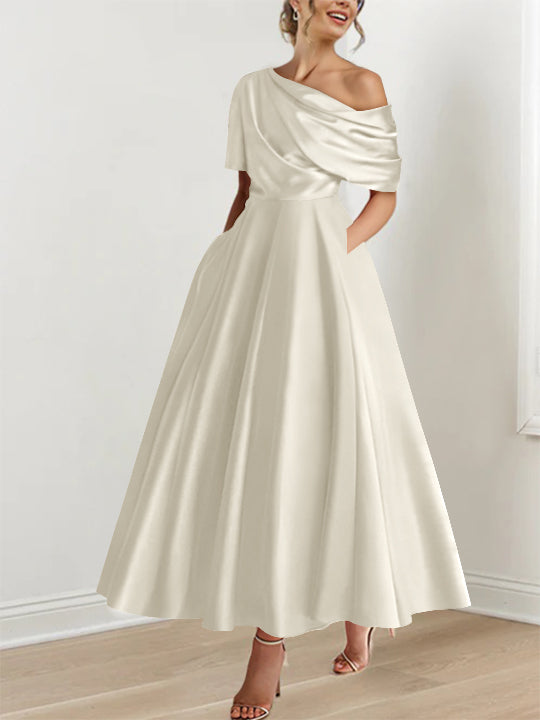 Robe de Mère de la Mariée A-Line/Princess à Une Épaule, Demi-Manches, Longueur Cheville, avec Volants