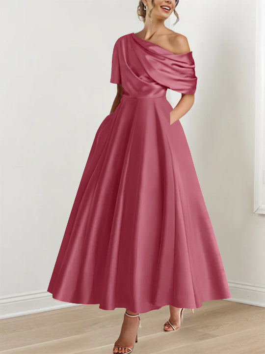 Robe de Mère de la Mariée A-Line/Princess à Une Épaule, Demi-Manches, Longueur Cheville, avec Volants
