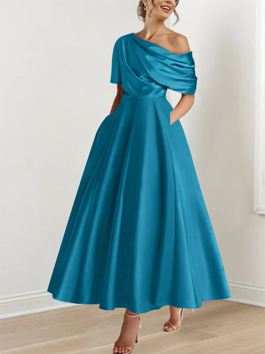 Robe de Mère de la Mariée A-Line/Princess à Une Épaule, Demi-Manches, Longueur Cheville, avec Volants