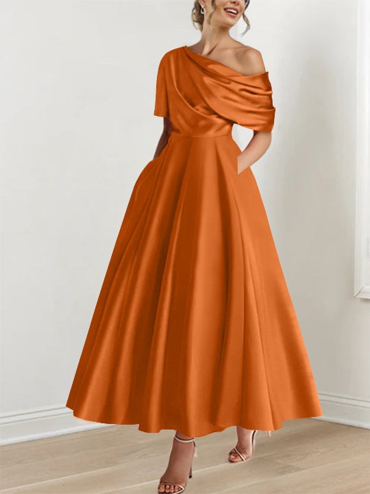 Robe de Mère de la Mariée A-Line/Princess à Une Épaule, Demi-Manches, Longueur Cheville, avec Volants