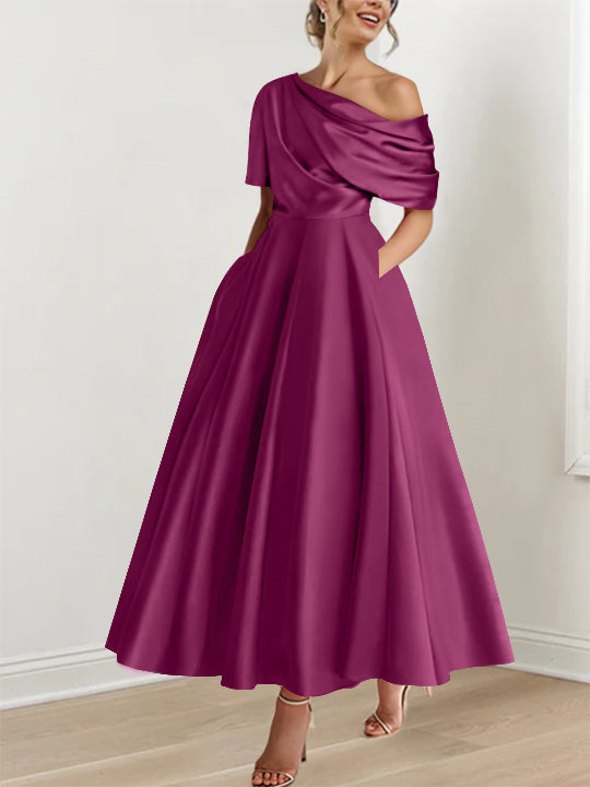 Robe de Mère de la Mariée A-Line/Princess à Une Épaule, Demi-Manches, Longueur Cheville, avec Volants