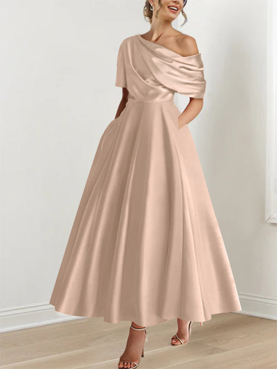 Robe de Mère de la Mariée A-Line/Princess à Une Épaule, Demi-Manches, Longueur Cheville, avec Volants