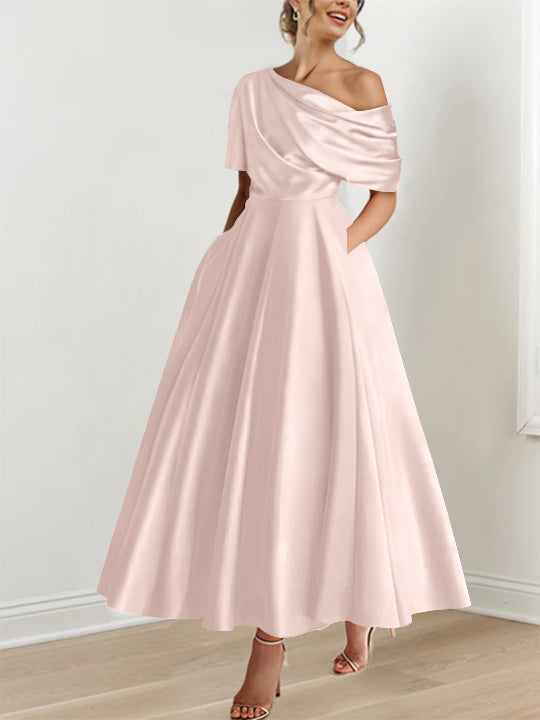 Robe de Mère de la Mariée A-Line/Princess à Une Épaule, Demi-Manches, Longueur Cheville, avec Volants