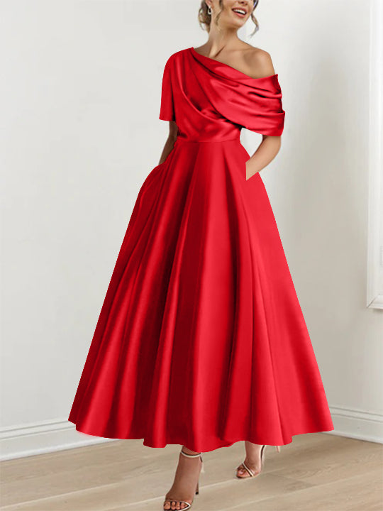 Robe de Mère de la Mariée A-Line/Princess à Une Épaule, Demi-Manches, Longueur Cheville, avec Volants