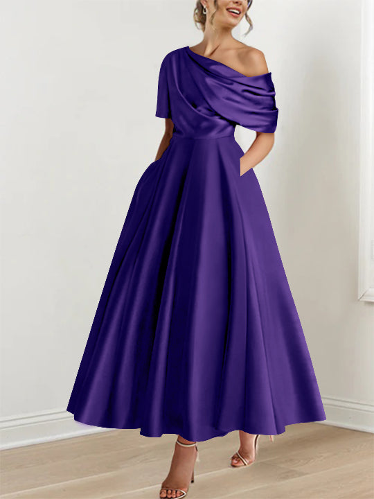 Robe de Mère de la Mariée A-Line/Princess à Une Épaule, Demi-Manches, Longueur Cheville, avec Volants