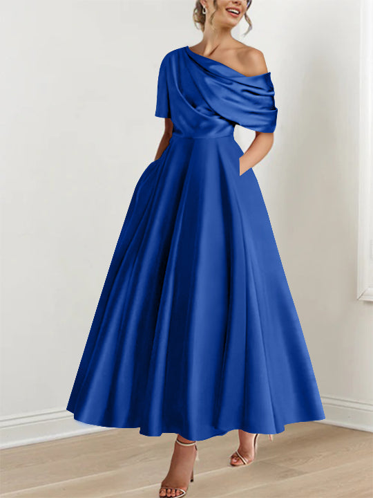 Robe de Mère de la Mariée A-Line/Princess à Une Épaule, Demi-Manches, Longueur Cheville, avec Volants