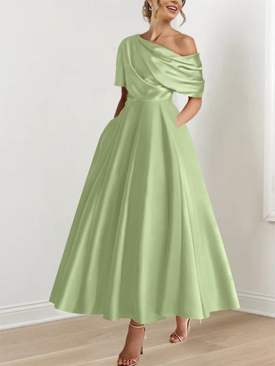 Robe de Mère de la Mariée A-Line/Princess à Une Épaule, Demi-Manches, Longueur Cheville, avec Volants