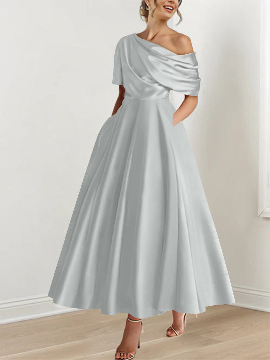 Robe de Mère de la Mariée A-Line/Princess à Une Épaule, Demi-Manches, Longueur Cheville, avec Volants