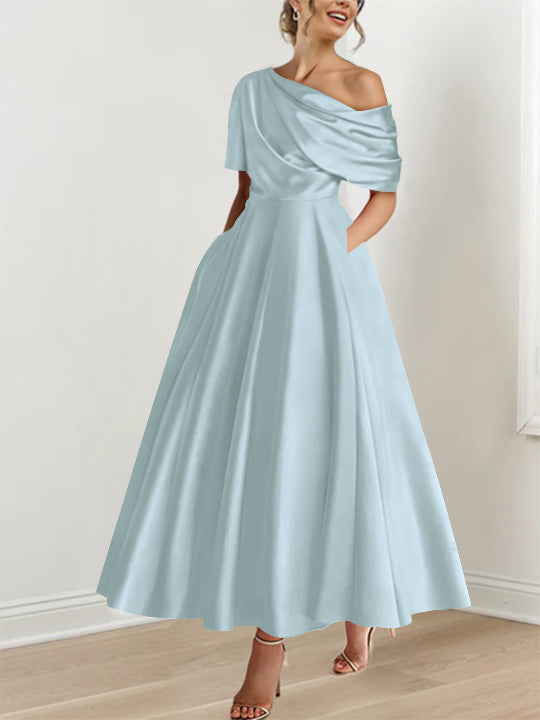 Robe de Mère de la Mariée A-Line/Princess à Une Épaule, Demi-Manches, Longueur Cheville, avec Volants