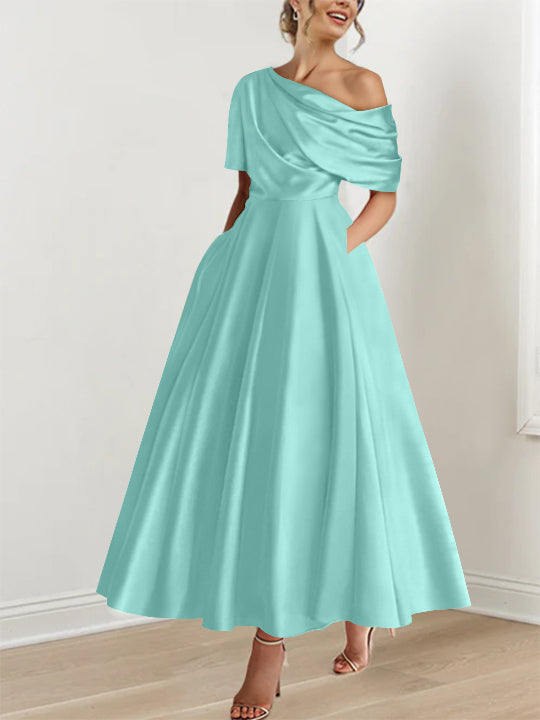 Robe de Mère de la Mariée A-Line/Princess à Une Épaule, Demi-Manches, Longueur Cheville, avec Volants