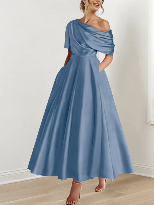 Robe de Mère de la Mariée A-Line/Princess à Une Épaule, Demi-Manches, Longueur Cheville, avec Volants