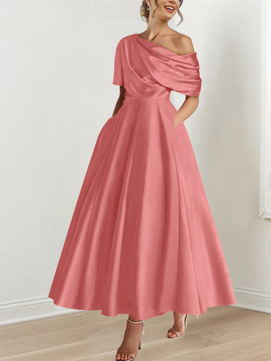Robe de Mère de la Mariée A-Line/Princess à Une Épaule, Demi-Manches, Longueur Cheville, avec Volants