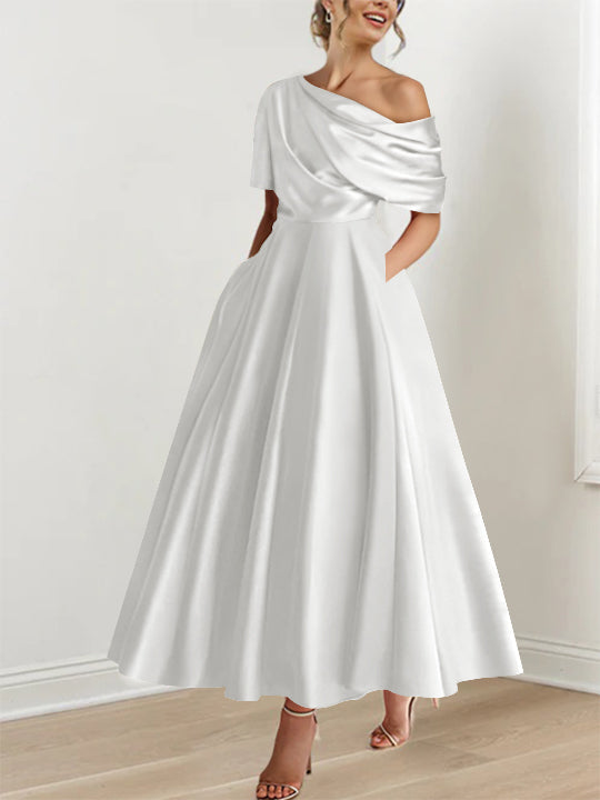 Robe de Mère de la Mariée A-Line/Princess à Une Épaule, Demi-Manches, Longueur Cheville, avec Volants