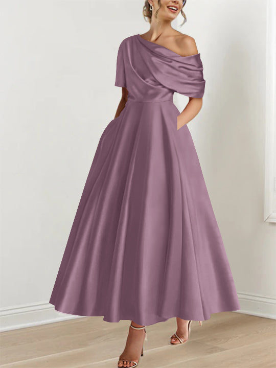 Robe de Mère de la Mariée A-Line/Princess à Une Épaule, Demi-Manches, Longueur Cheville, avec Volants