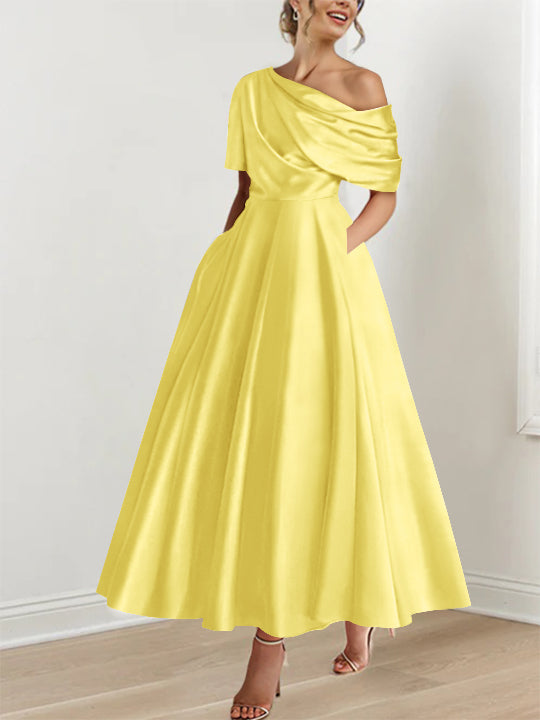 Robe de Mère de la Mariée A-Line/Princess à Une Épaule, Demi-Manches, Longueur Cheville, avec Volants