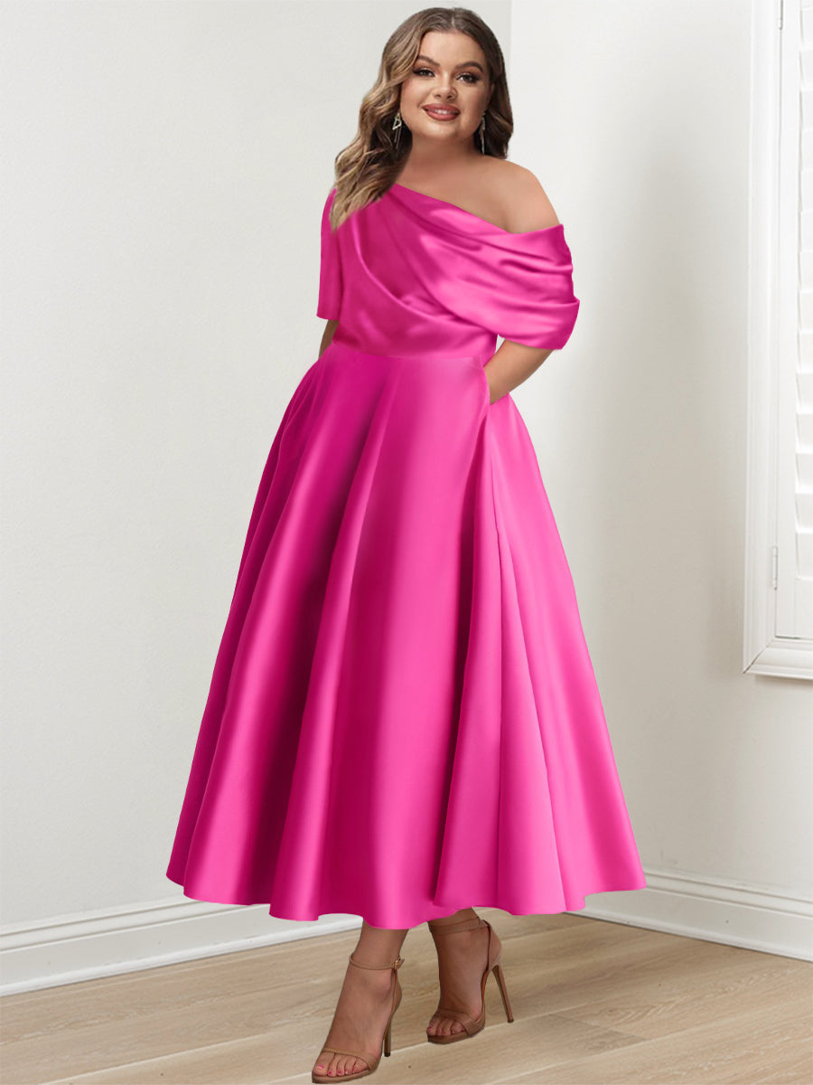 Robe de Mère de la Mariée A-Line/Princess à Une Épaule, Demi-Manches, Longueur Cheville, avec Volants