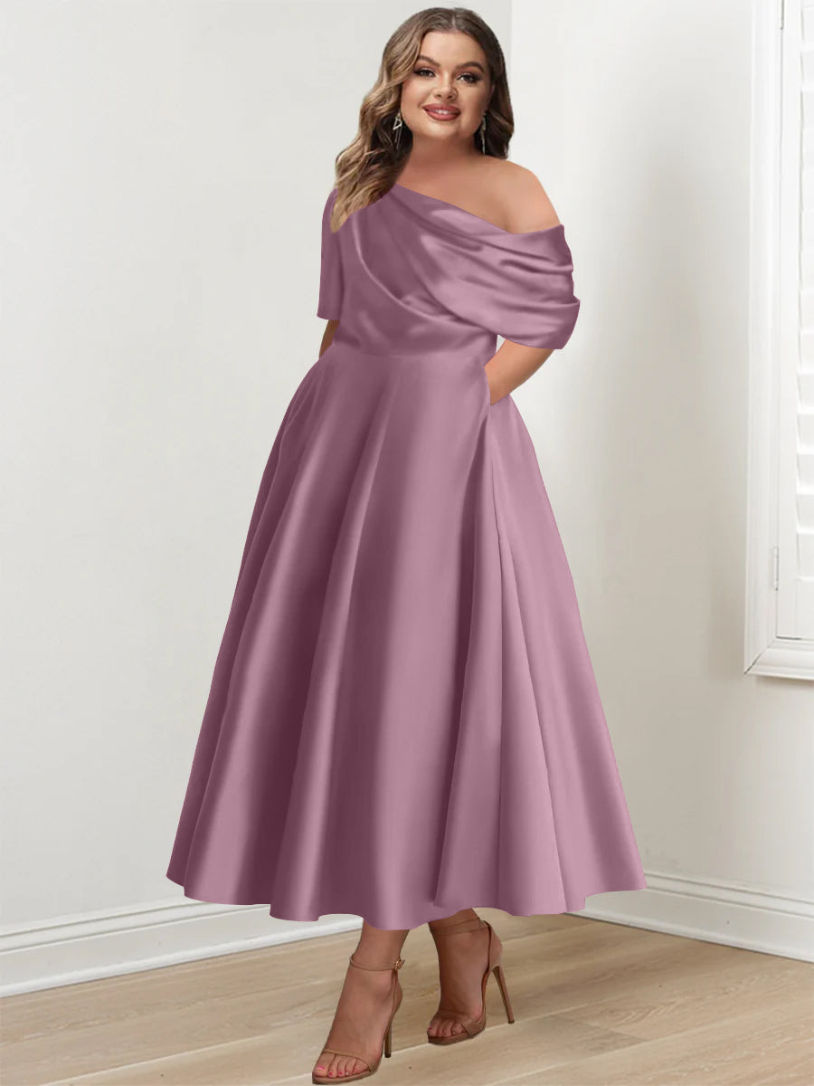 Robe de Mère de la Mariée Grande Taille, Coupe A-Line/Princess, Asymétrique, Manches Mi-Longues, Longueur Cheville, avec Volants