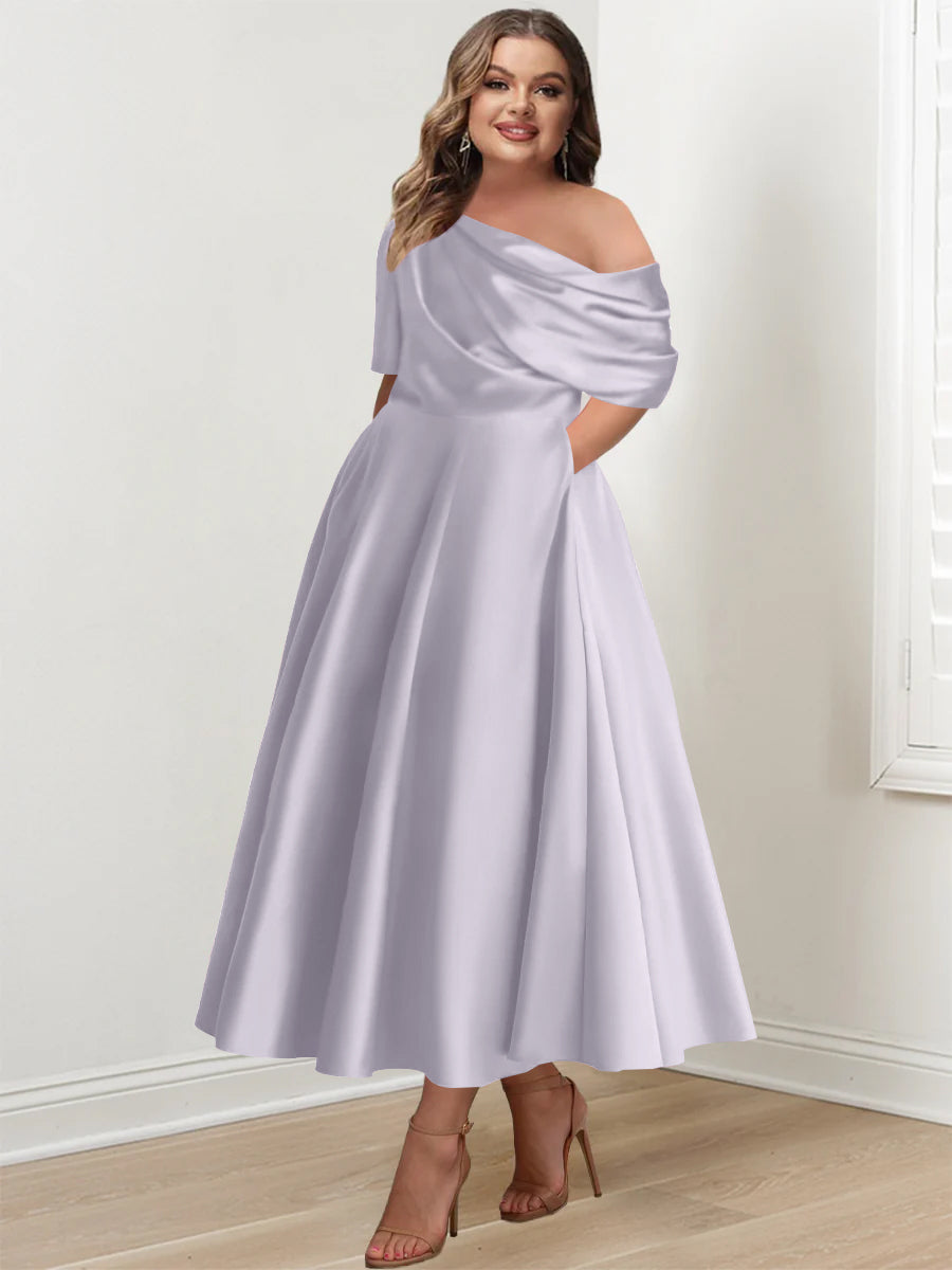 Robe de Mère de la Mariée Grande Taille, Coupe A-Line/Princess, Asymétrique, Manches Mi-Longues, Longueur Cheville, avec Volants