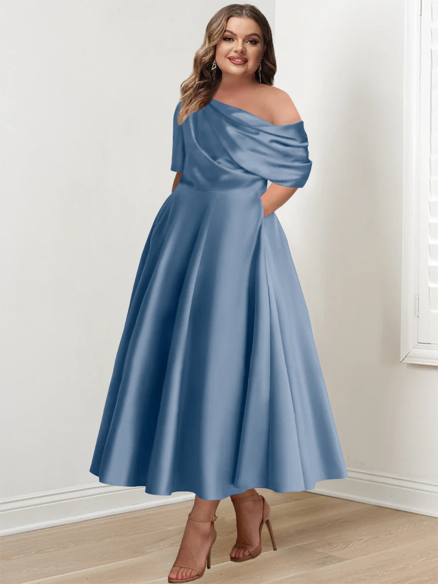 Robe de Mère de la Mariée Grande Taille, Coupe A-Line/Princess, Asymétrique, Manches Mi-Longues, Longueur Cheville, avec Volants