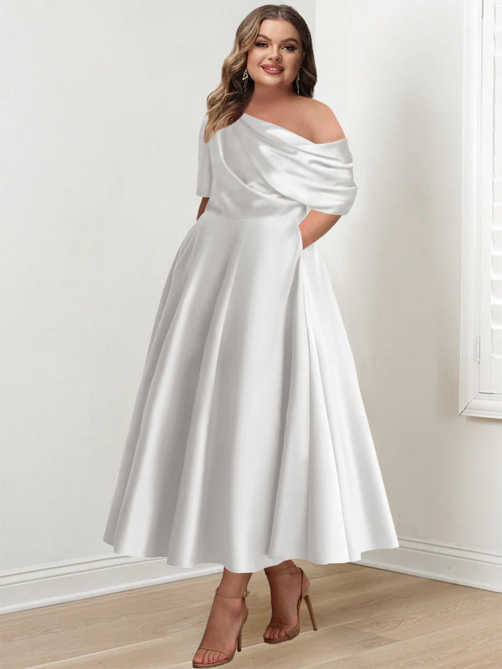 Robe de Mère de la Mariée Grande Taille, Coupe A-Line/Princess, Asymétrique, Manches Mi-Longues, Longueur Cheville, avec Volants