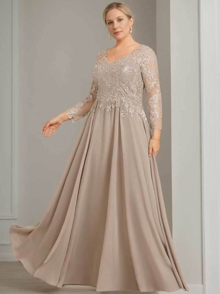Robe de Mère de la Mariée Grande Taille, Coupe A-Line/Princess, Col en V, Manches 3/4, Longueur Au Sol, avec Paillettes