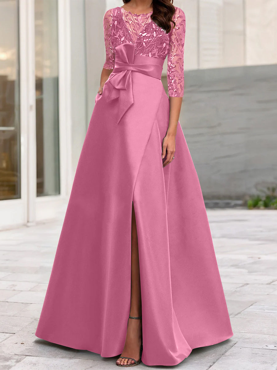 Robe de Mère de la Mariée Coupe A-Line/Princess à Encolure Illusion et Manches 3/4 avec Fente Sur le Côté