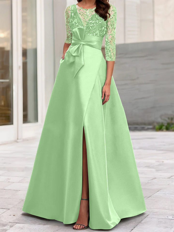 Robe de Mère de la Mariée Coupe A-Line/Princess à Encolure Illusion et Manches 3/4 avec Fente Sur le Côté